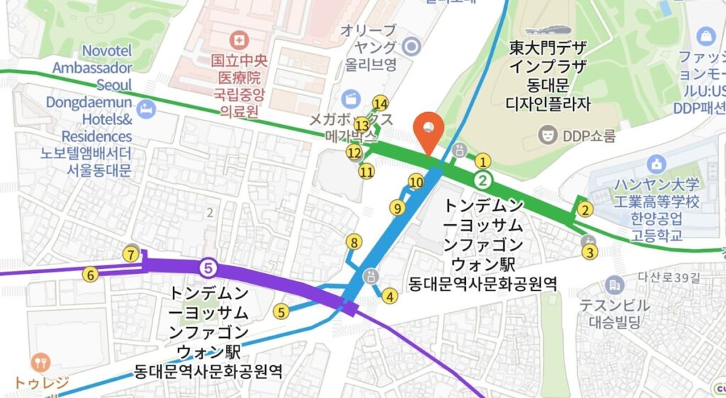 東大門歴史文化公園(DDP)駅 2号線1番出口方面コインロッカーA横 マップ